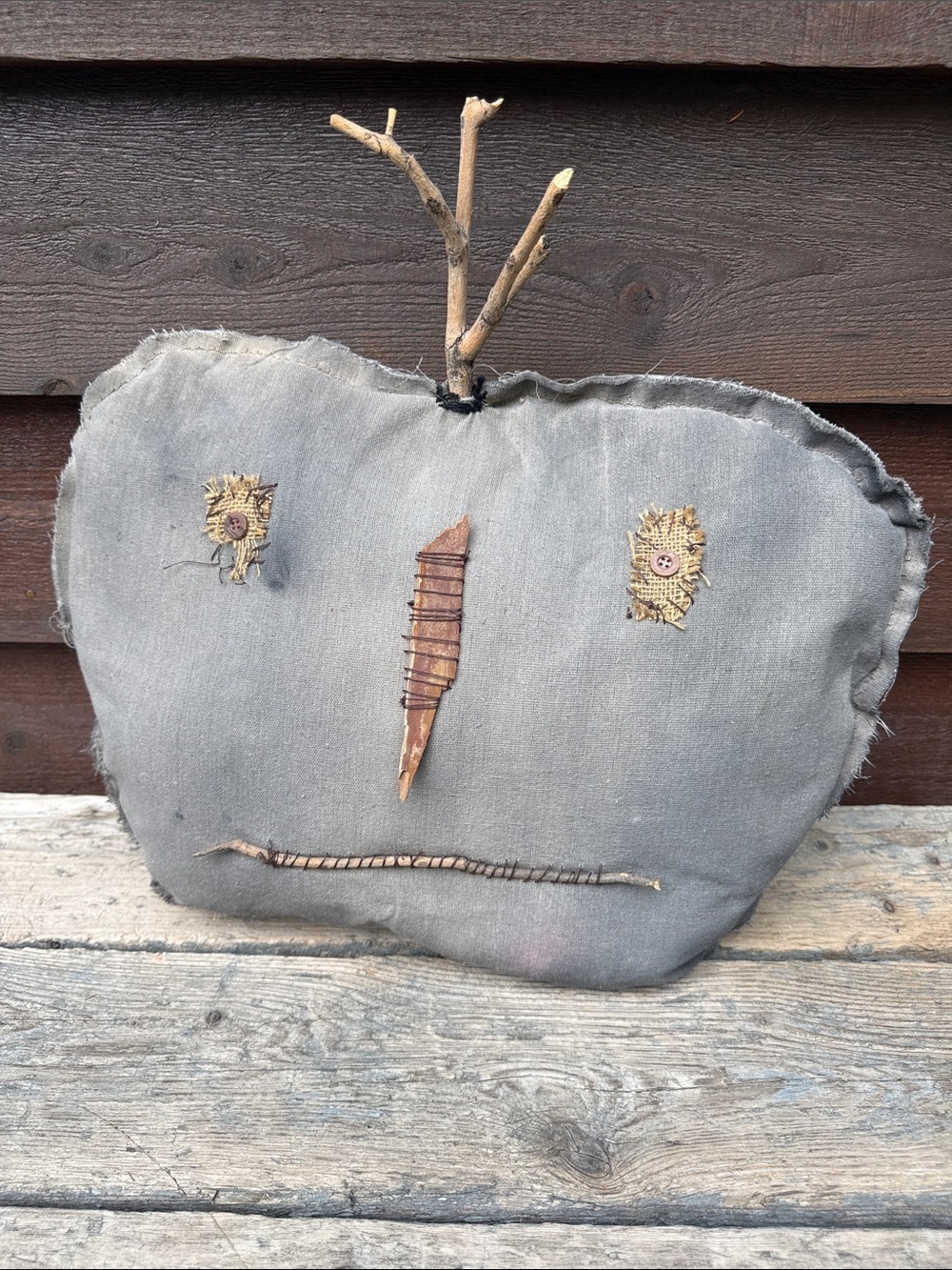 🎃 Handmade Rustic Gray Fabric Pumpkin Pillow with Twig Stem
